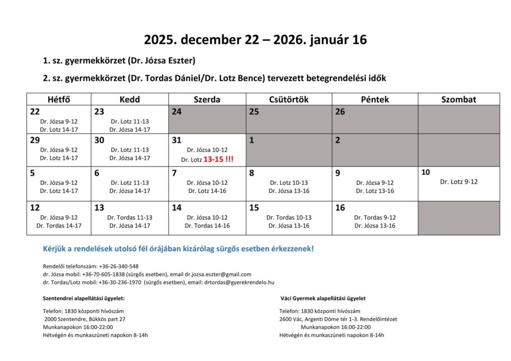Gyerekorvosok rendelése a téli szünetben